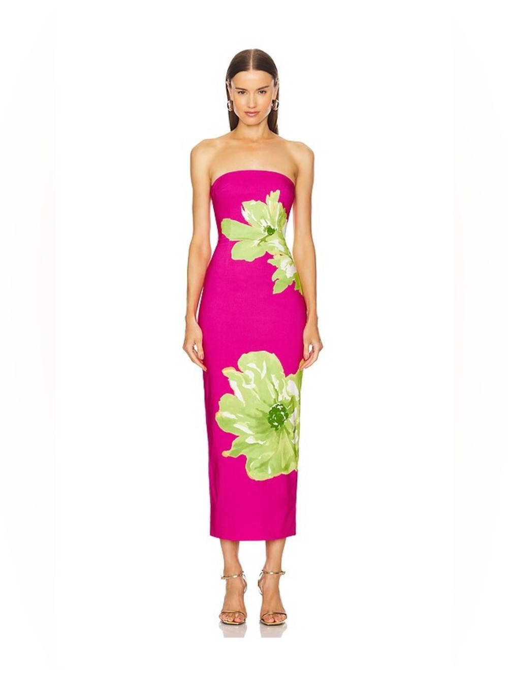 Michael Costello Fuchsia Strapless Maxi Dress with Chartreuse Floral Print